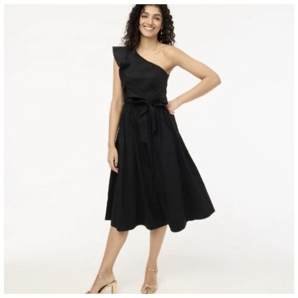 J. Crew Factory One Shoulder Ruffle Midi Dress Black Sz 8 PETITE - Picture 1 of 10